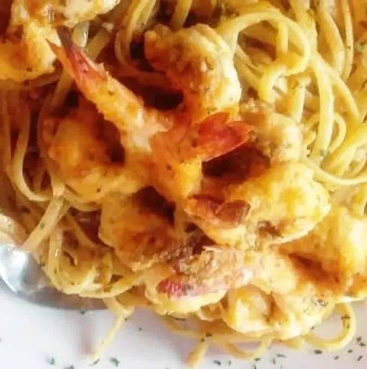 A close up of some pasta with cheese and shrimp
